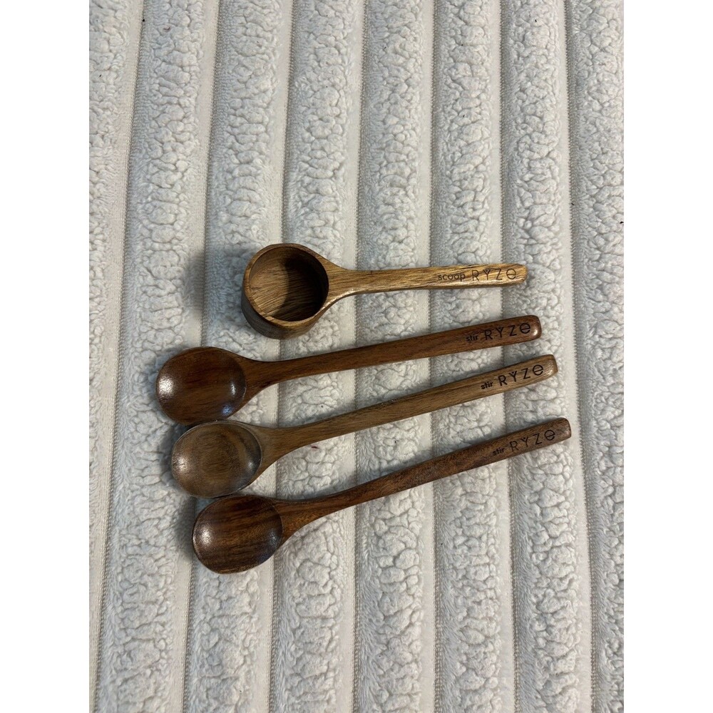 RYZE Mushroom Coffee Wood Acacia 3 Spoon & 1 Scoop lot homeware earthy tbsp